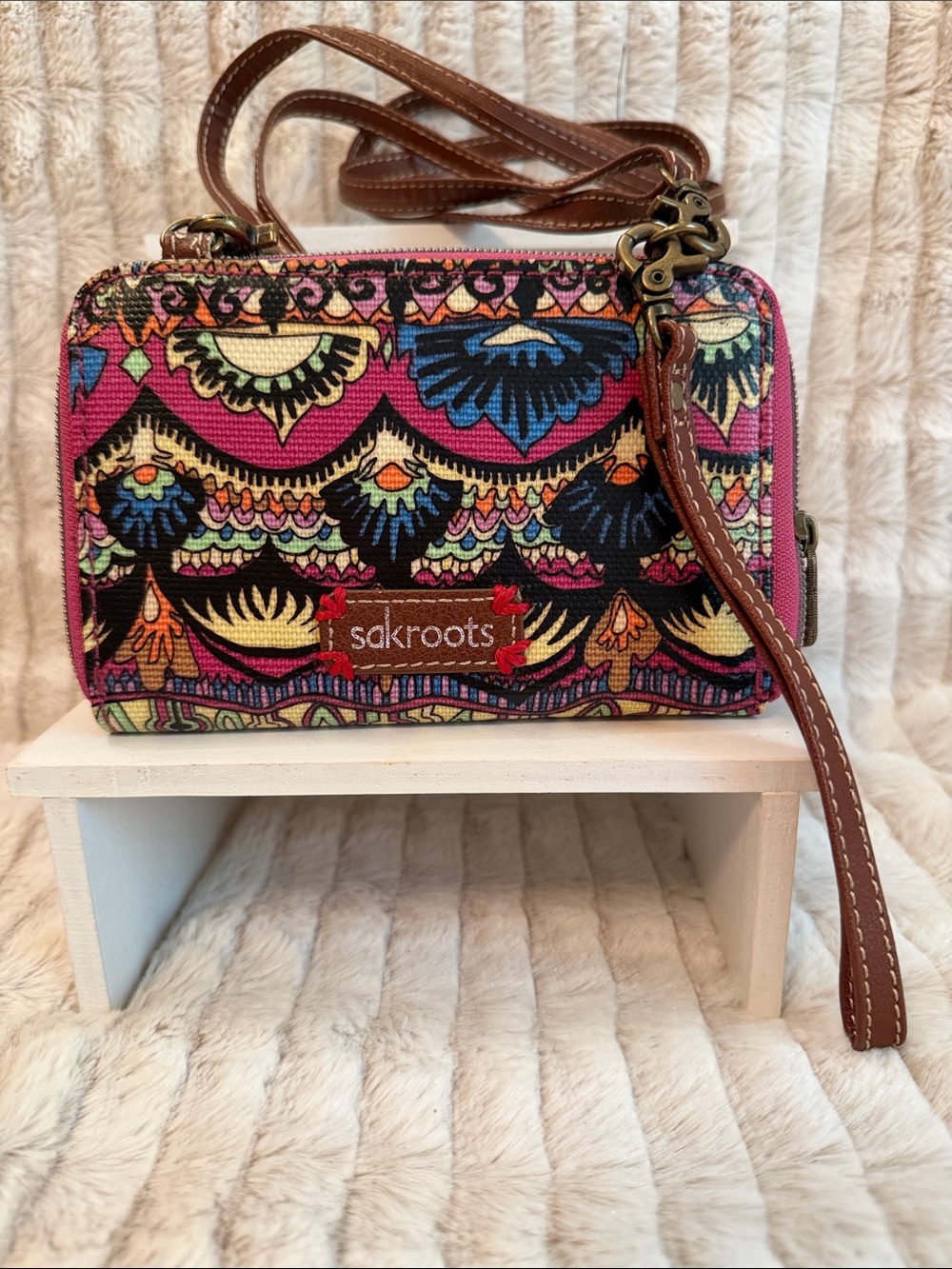 Sakroots Pink Multi Floral Pattern Crossbody Wallet with Brown Strap